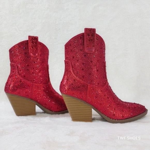 Dolly Red Rhinestone Glitter Disco Cowgirl Country Western Ankle Boots - Picture 7 of 11